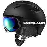 Odoland Skihelm und Skibrille Set Snowboardhelm mit Snowboardbrille für Erwachsene, Schneebrille UV 400 Schutz Windwiderstand Snowboard Brille zum Skifahren Bergsteigen Schwarz M
