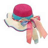 FOSDICK Strohhut Kinder, Strohhut MäDchen, Sommer Kinder Strandhut mit Bogen, Kappe Breiter Krempe Faltbar Sonnenhut Ideal für Reisen, Strand, Outdoor, Alltagskleidung