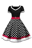 AXOE Damen 50er Jahre Kleider Rockabilly Petticoat Vintage mit Gürtel Schwarz Weiß Gepunktet, Gr.40, L