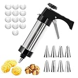 Comforty Edelstahl Gebäckpresse, Spritzgebäck Presse Keksmaschine Garnierspritze Set mit 13 Schablonen und 8 Tüllen, DIY Backen Zubehör Zum Backen Und Dekorieren Von Kuchen Keksen