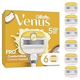 Gillette Venus Pro ComfortGlide Damen-Klingen mit Kokosduft, mit Olay Feuchtigkeitscreme, 6 Nachfüll-Rasierkartuschen, wiederverwendbarem Metallgriff und Duschhalter