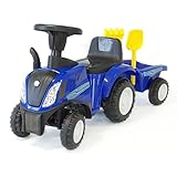 Rutschauto Traktor ab 1 Jahr | Kinderauto mit Anhänger | Rutschfahrzeug mit Schaufel und Rechen | Kinderfahrzeug in blau | Rutscher mit Soundtasten und Licht | Lizenziertes Kinderspielzeug