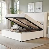 LUXOAK Polsterbett mit Gaslift-Stauraum, Flügel-Kopfteil für bequemen Halt, Massivholzlatten für ruhigen Schlaf, schnelle Montage, bezogen mit Leinenstoff (Weiß, 140 x 200 cm)