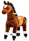 PONYEEHAW Reitpferd für Kinder ab 3 mit Rollen, Horse Toy Ride, Spielpferd zum Reiten Stehpferd Groß aus Metall und Plüsch Pferde Spielzeug zum Reiten mit Schabracke und Zaumzeug (Braun, Klein)