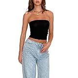 Damen Schulterfrei Tube Top Y2K Crop Top Sommer Ärmellos Vintage Top Slim Sexy Crop Top Elegant Oberteil Aesthetic Clothes für Frauen Mädchen (F Schwarz, S)