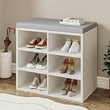 Hzuaneri Schuhbank, Schuhregal mit Sitzfläche, Sitzbank mit Stauraum, Kissen, 6 Fächer, 30 x 60 x 52,7 cm, verstellbare Ablagen, für Wohnzimmer, Flur, Schlafzimmer, weiß-grau SB09903X