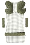Medi Partners Sitzauflage Kinderwagen Buggy Baby Sommer Kindersitz Einlage Universal - 5tgl Gurtpolster + Spielbogen Kinderwagenset Babyschale (Kariert mit olivfarbenem Minky)