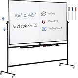 Großes magnetisches mobiles Whiteboard, 243,8 x 121,9 cm, rollbar, doppelseitig, Ständer, Whiteboard auf Rädern, wendbar, verstellbare Höhe/Winkel, trocken abwischbar, 2,4 x 1,2 m, Staffelei,