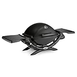 Weber Q1200 Gasgrill, 43 x 32cm Grillfäche, portabler BBQ Grill, 1 Brenner, 2-geteilter porzellanemaillierter Guss-Grillrost, mit Deckelthermometer- Schwarz (51010079)