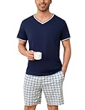 Bresdk Schlafanzug Herren kurz Baumwolle Sommer Pyjama Set Nachtwäsche Kurzarm V-Ausschnitt und Shorty Schlafanzughose