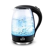 T24 Glas Wasserkocher 1,7L, 2200W, LED-Beleuchtung, 100% BPA-frei, Verdicktes Borosilikatglas, Trockenlaufschutz, 360° Edelstahl Sockel, TÜV Rheinland GS Zertifiziert, Schwarz