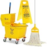 Simpli-Magic Side Press Wringer Combo Kommerzieller Wischeimer auf Rädern, 35 Quart,Gelb, inklusive Warnschild für nassen Boden und Wischmopp-Set