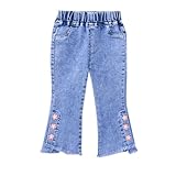 Generisch Jeans Mädchen Jeans High Waist Baggy Hosen Weites Bein Bootcut Jeanshose Zerrissen Loch Vintage Y2K Denim Jeans Lang mit Gummibund - 5-15 Jahre