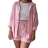 Women's Shirt and Shorts Two-Piece Summer Muslin Blouse Loungewear, Suit Outfit Kurze Oberteile Damen Kleidung Damen Sommer musselin Anzug Damen Sweatshirt Damen Sommer Sport BH Damen Set