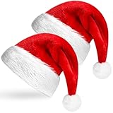 Boyiee 2 Stück Weihnachtsmützen mit Bommel Weihnachtskostüm Festliches Partyzubehör Klassische Weihnachtsmannmütze aus Pelz für Erwachsene, Rot und Weiß