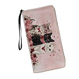 JUDENTIDOS Geldbörsen für Damen, Kreditkartenetui, Clutch, Leder, lange Geldbörsen mit Handgelenkschlaufe, Niedliche Katzen mit Blumenmuster, Einheitsgröße