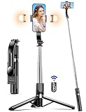 Selfie Stick mit Verbessertem Stativ, Selfie Stick Stativ mit 2 Fülllicht, Extra Langes 115cm Handy Stativ mit Abnehmbarer Fernbedienung, Kompatibel mit iPhone Samsung usw, Action-Kamera GoPro