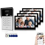 4-adriges Video-Gegensprechsystem für 4 Wohneinheiten,7-Zoll-Touchscreen-Türsprechanlage mit 3-in-1-Entriegelung, Zwei-Wege-Audio,Innen-/Außenüberwachung für Apartment-Villa (Schwarz)