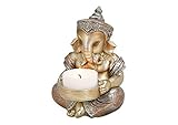 Deko Figur Ganesha mit Teelichthalter Figur sitzend 11 cm, Polystein champagner silber Hindu Gott Buddha Indien Asien Elefantengott Statue Ganesh Elefant