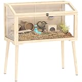 PawHut Hamsterkäfig Holz Zwerghamstergehege Kükenaufzuchtbox mit Wippe Wasserflasche oberer Tür Massivholzbeine Kleintierstall für Hamster Hühnchen Vögel Eidechsen Zuchtung 110 x 52 x 101 cm Naturholz