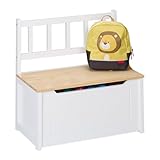 Relaxdays Kinderbank mit Stauraum, Klappdeckel, Rückenlehne, HxBxT: 55 x 57 x 31 cm, Kinder, Spielzeugkiste, weiß/natur