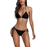 FITTOO Triangel Bikini Damen Set Push Up Neckholder Bikinioberteil Verstellbare Bademode Unterteil Schnürung Zweiteiliger Badeanzug Schwarz, S