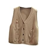 Dvbfufv Damen Preppy Strickweste Frühling V-Ausschnitt Lose Casual Weste, 2405 Khaki, XS