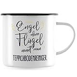 JUNIWORDS Emaille-Tasse, Engel ohne Flügel nennt man Teppichbodenreiniger, Schwarzer Tassenrand (5185675)