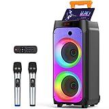JYX Karaoke Anlage mit 2 drahtlosen Mikrofonen, Großer Lautsprecher Bluetooth mit Rädern und Disco Lichtern, Subwoofer PA System, Party Karaoke Maschine Unterstützung TWS/USB/SD Karte/AUX/Rec