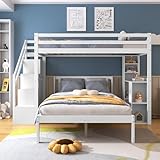 Generisch Etagenbett mit Seitenrahmen, 90 * 200cm+120 * 200cm, Multifunktionales Kinderbett, Kinderstockbett, mit Stautreppe, großer Stauraum, ohne Matratze, Kiefer+MDF, weiß