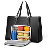 MATEIN Laptoptasche Damen mit Isolierted Lunch-Fach, Laptop Handtasche 15.6 Zoll, Arbeitstasche Damen Groß, Aktentasche Wasserdicht, Shopper Tasche Leder, Schultertasche für Business, Schule, Schwarz