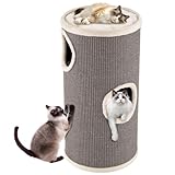 GOPLUS Kratztonne 3 Ebenen, 70 cm Katzentonne mit 3 Höhlen, Plüschbett, Liegefläche & Sisal-Kratzbrett, Kratzbaum für kleine & mittelgroße Katzen, Katzenkratzbaum, Ø 36 cm (70 cm,Grau)