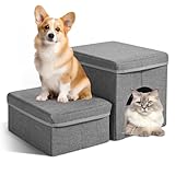 2 Stufen Treppe für Hunde, SenDeluz Faltbare Katzentreppe mit Aufbewahrungsboxen, Hundetreppe für Kleine Hunde Haustiertreppe für Sofa und Bett Hunde Treppe, 57,5cm x 36cm x 33cm