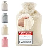 Blumtal Premium Wärmflasche mit Bezug & Tasche aus weichem Kunstfell - Wärmeflasche aus Naturkautschuk - Wärmflasche mit Handwärmer - Wärmflasche mit Tasche für Hände - auslaufsichere Bettflasche Weiß