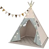 Tipi Zelt für Kinder, Waschbar Kinderzelt mit Gepolsterter Decke, Lichterkette, Tragetasche, Segeltuch Spielzelt für Mädchen & Jungen