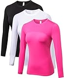 Damen Sonnenschutz-Kompressions-Shirts, LSF 50+, langärmelig, Workout-T-Shirts, Rashguard, athletische Oberteile, 3er-Pack, Schwarz + Weiß + Rosa, Mittel