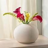 Praknu Keramik Vase Weiß Rund 13cm Hoch - Bauchige Form mit Sandtextur - Wasserdicht - Handgefertigte Unikate - Blumenvase für Tischdeko & Geschenk - Ideal für Heim & Büro