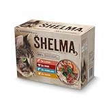 Shelma Katzen-Nassfutter Fleisch und Fisch Multipack mit den Sorten Rind, Lachs, Huhn und Kabeljau – Getreidefreies Alleinfuttermittel mit hohem Fleischanteil – 12 x 85 g (1,02 kg)