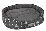 Welsti Ovales Hundebett - Hundekissen oval - Hundebett rund - Anti rutsch - mit Schaumstofffüllung - Hundekissen rund - 68x55x8cm - Dunkelgrau mit Silbernen Knochen und Pfoten