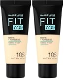 Maybelline New-York Foundation Fluide Fit Me Matte & Poreless Foundation für normale bis fettige Haut, Farbton 105 Ivory Natural 30 ml (Packung mit 2)