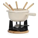 Mahlzeit Gusseisen Fondue Set für 6 Personen | 2 Liter | Fondueset 13 teilig mit Brenner und Gabeln | Fondue-Set, Käsefondue Set, Fleischfondue Set, Schokofondue Set (Creme emailliert)