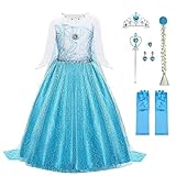 URAQT Mädchen Prinzessin Kostüm, Kinder Kleid 6-teiliges Set mit Krone Diadem Handschuhe Zauberstab usw für Weihnachten Verkleidung Karneval Halloween,110CM