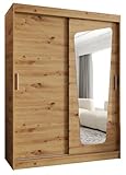 Kryspol - Kleiderschrank mit Spiegel - Schwebetürenschrank - Kleiderschrank 150 cm Breit x 200cm(H) x 62cm(T), 2 Türen, Laminierte Möbelplatte, Schiebetürenschrank Moka 150, Farbe Artisan Eiche