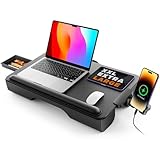 Laptopkissen, Laptop Ständer Bett, SAIJI Stabil Laptop Kissen, neues Komfortables Leder, bis zu 17', mit Handgelenkauflage, Handyhalterung, Schublade, für Sofa, Bett, Tisch