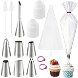 15 Teilig Spritztüllen Set,mit 7 Verschiedenen Edelstahl Wiederverwendbar Spritztüllen 2 Baumwollstoff Spritztüte,Adapter und Bürste,für Profis und Hobby Tortendeko,Zubehör für Torten Backen