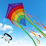 Drachen Kinder, Regenbogen Einleiner-Flugdrachen ab 3 Jahren - 64x75cm - inkl. 100m Drachenschnur und Streifenschwänze