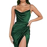 KBRPEY Damen Sexy Bodycon Maxikleid Cami Figurbetontes Kleid, Damen Spaghettiträger Midikleid Asymmetrisch Figurbetontes Ärmelloses Kleid Enger Sommerkleid Partykleid mit Schlitz (Dunkelgrün S)