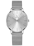 Alienwork Armbanduhr Damen Silber Metall Mesh Armband Edelstahl Ultra-flach dünn