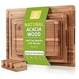 Schneidebretter aus Akazienholz für Küche, Schneidebrett 3er Set, Schneidebretter mit Saftrille für Fleisch, Doppelseitiges Schneidebrett aus Akazienholz mit Servierfach