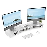 FITUEYES Dual Monitorständer aus Holz, Verstellbare Länge und Schwenkwinkel Bildschirmständer, Monitor Stand Riser für PC Monitor Laptop Drucker, 92,5-108x 23,5X 10,2 cm Weiß